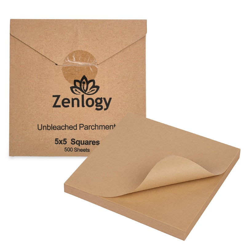 Zenlogy 5x5 Small Parchment Squares (500 sheets) - Unbleached, Non-stick, Pre-cut Parchment Paper- Ideal for Candy Wrappers, Liner Paper, Freezing and Storing, Separating, and Diamond Painting - Image 1